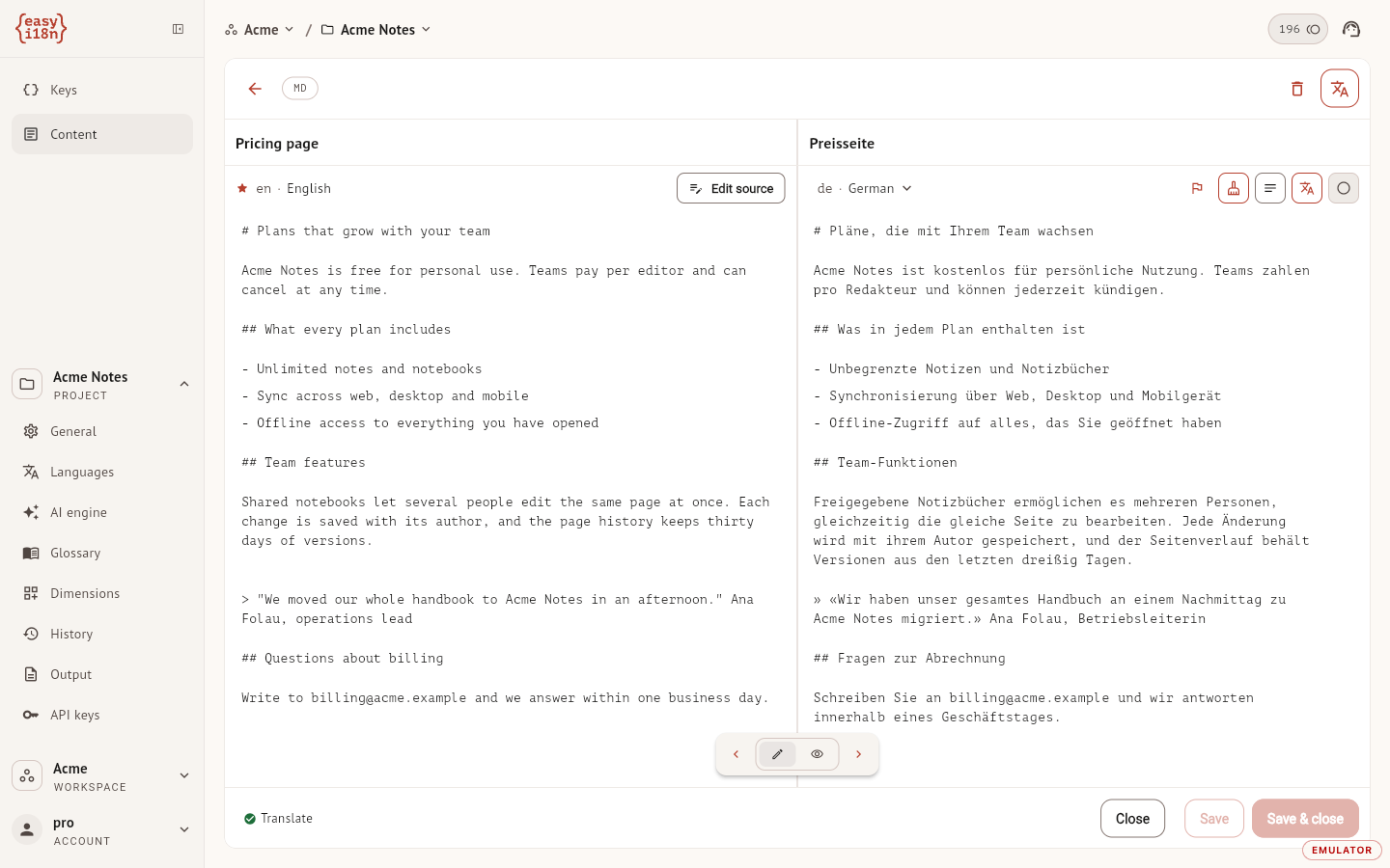 The editor with the source on the left and the German translation on the right