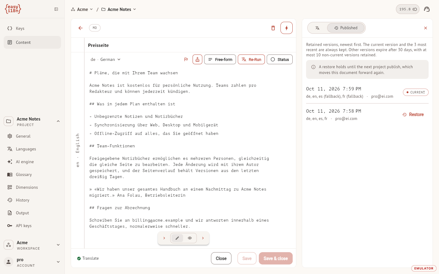 The Published tab with the current version and an older one