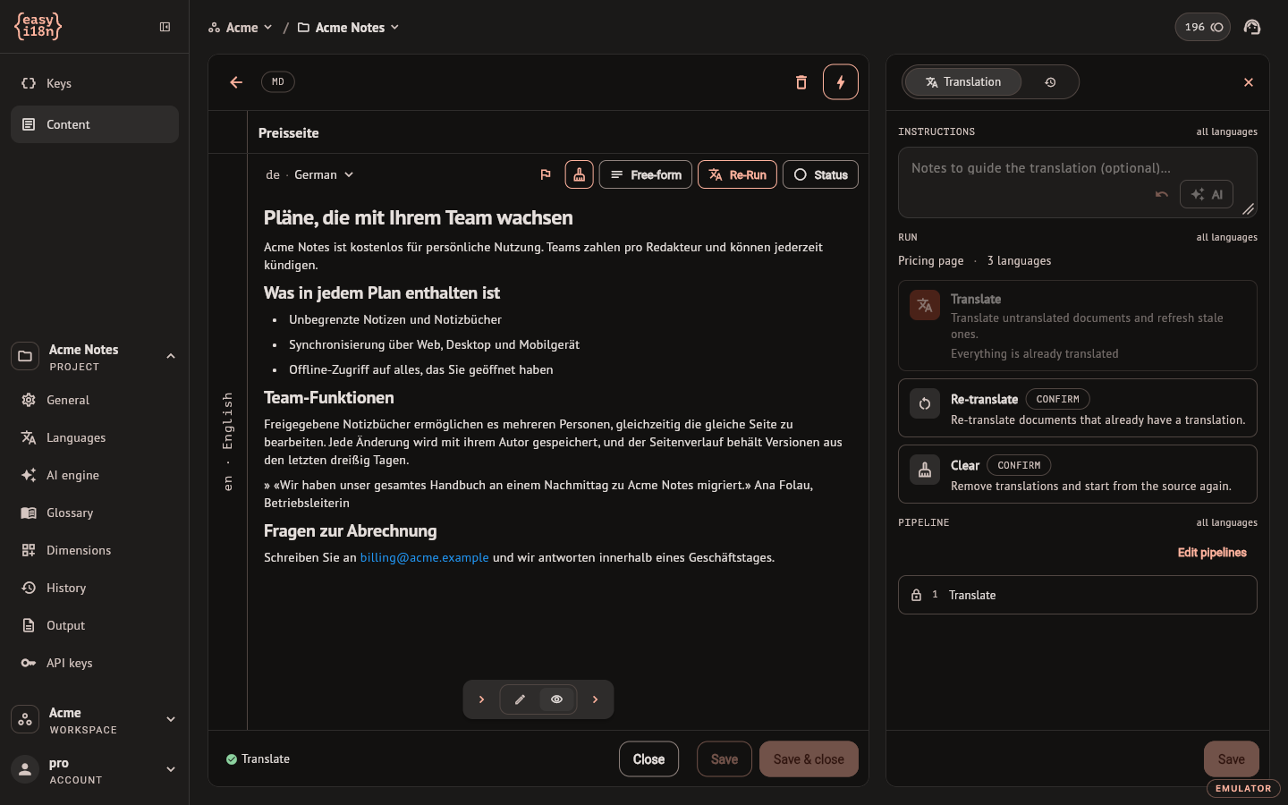 The editor in Preview with the Translation panel open