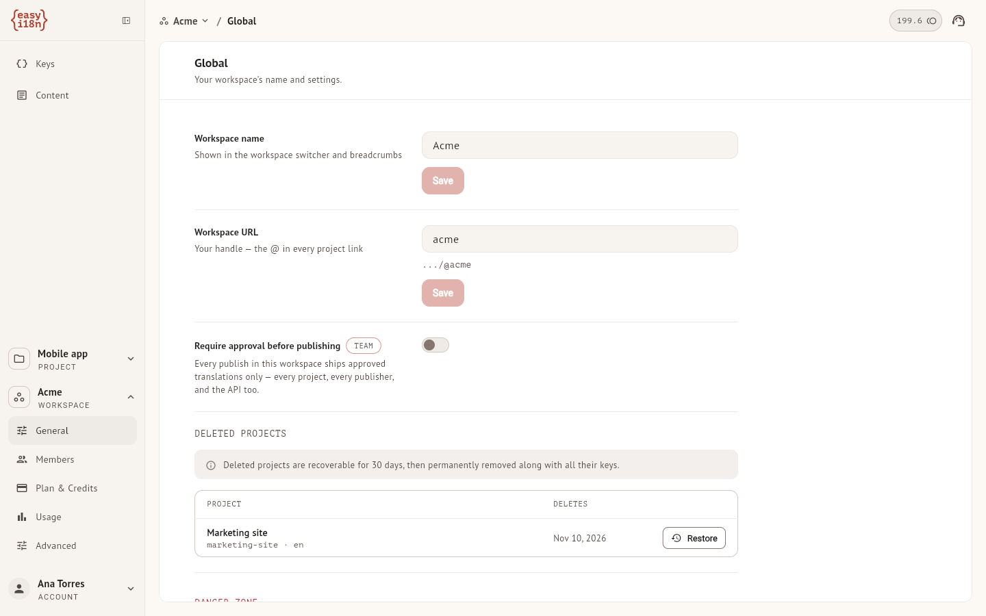 Deleted projects in the workspace settings
