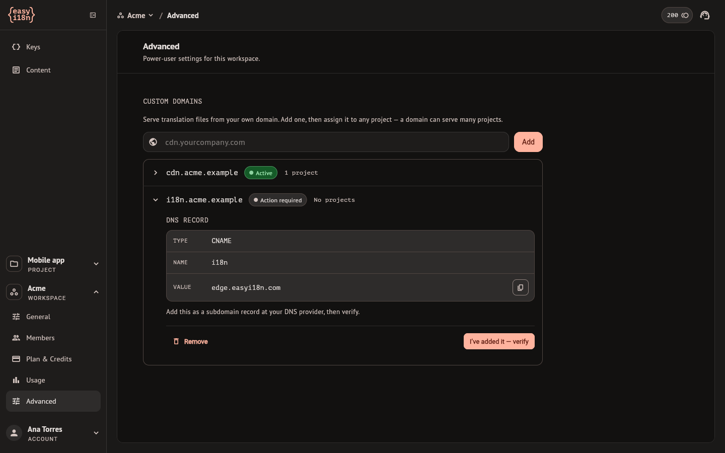 Custom domains in the Advanced section of the workspace settings
