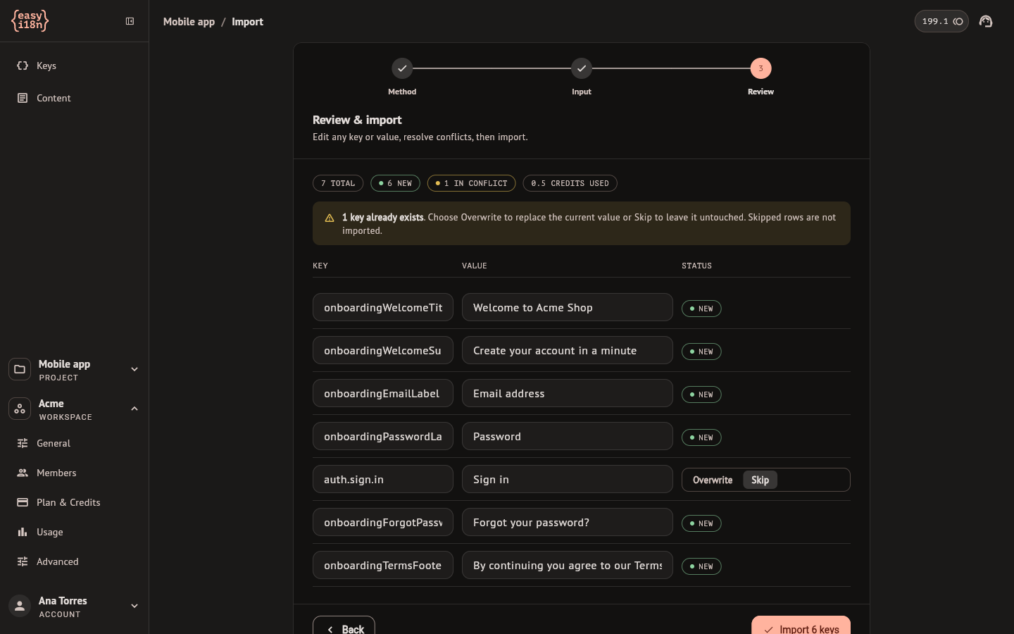 The Review step with seven extracted keys, one of them in conflict