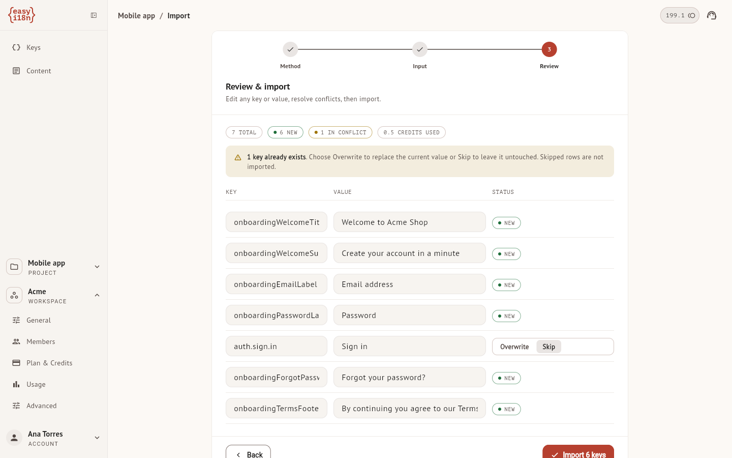 The Review step with seven extracted keys, one of them in conflict