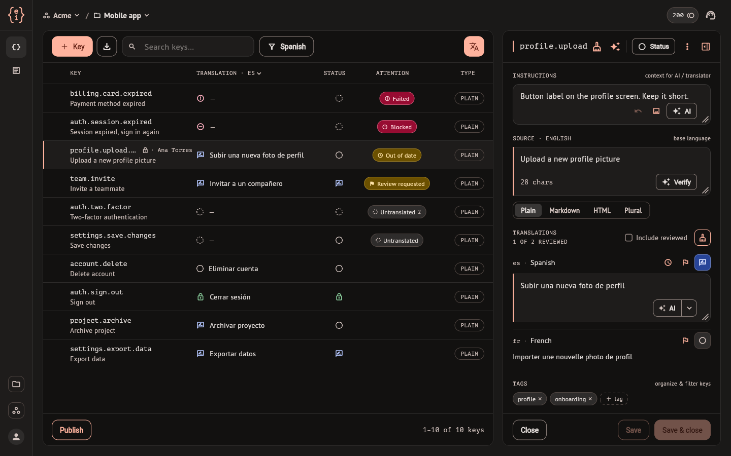 The Keys list with a key open in the editor