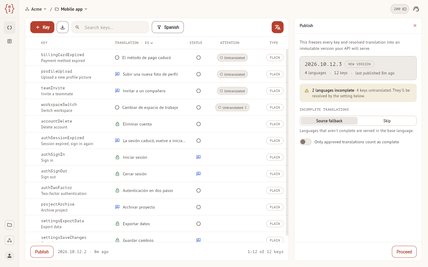 The Publish panel next to the keys list