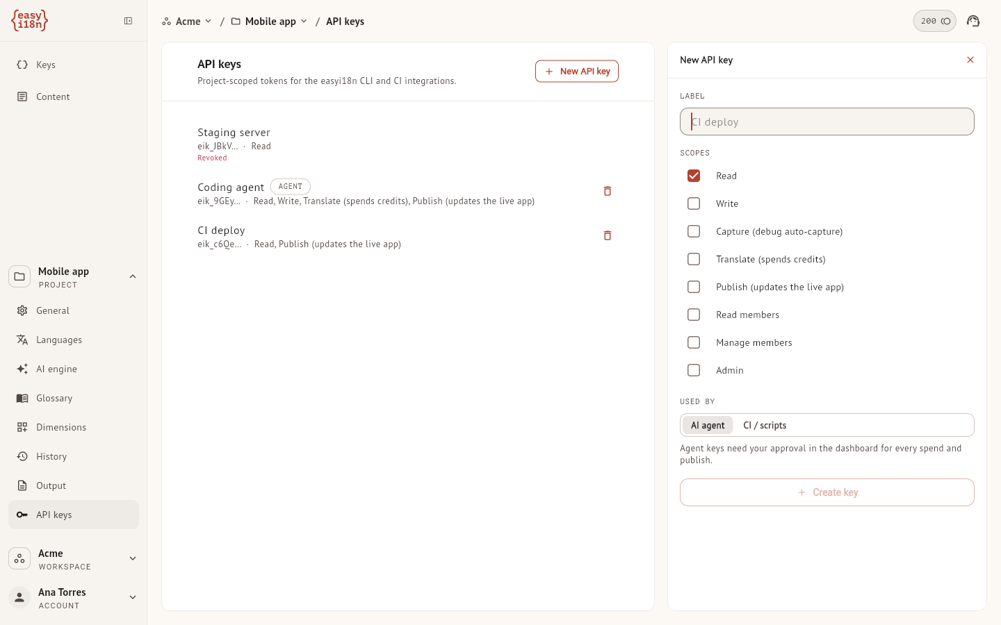 The API keys section with the New API key panel open