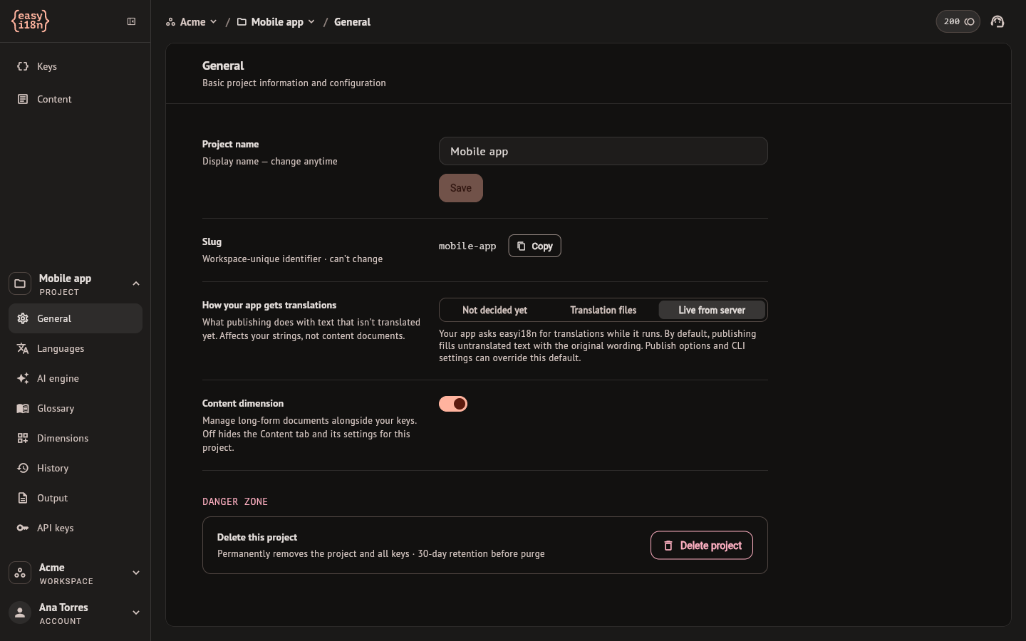 The General section of the project settings