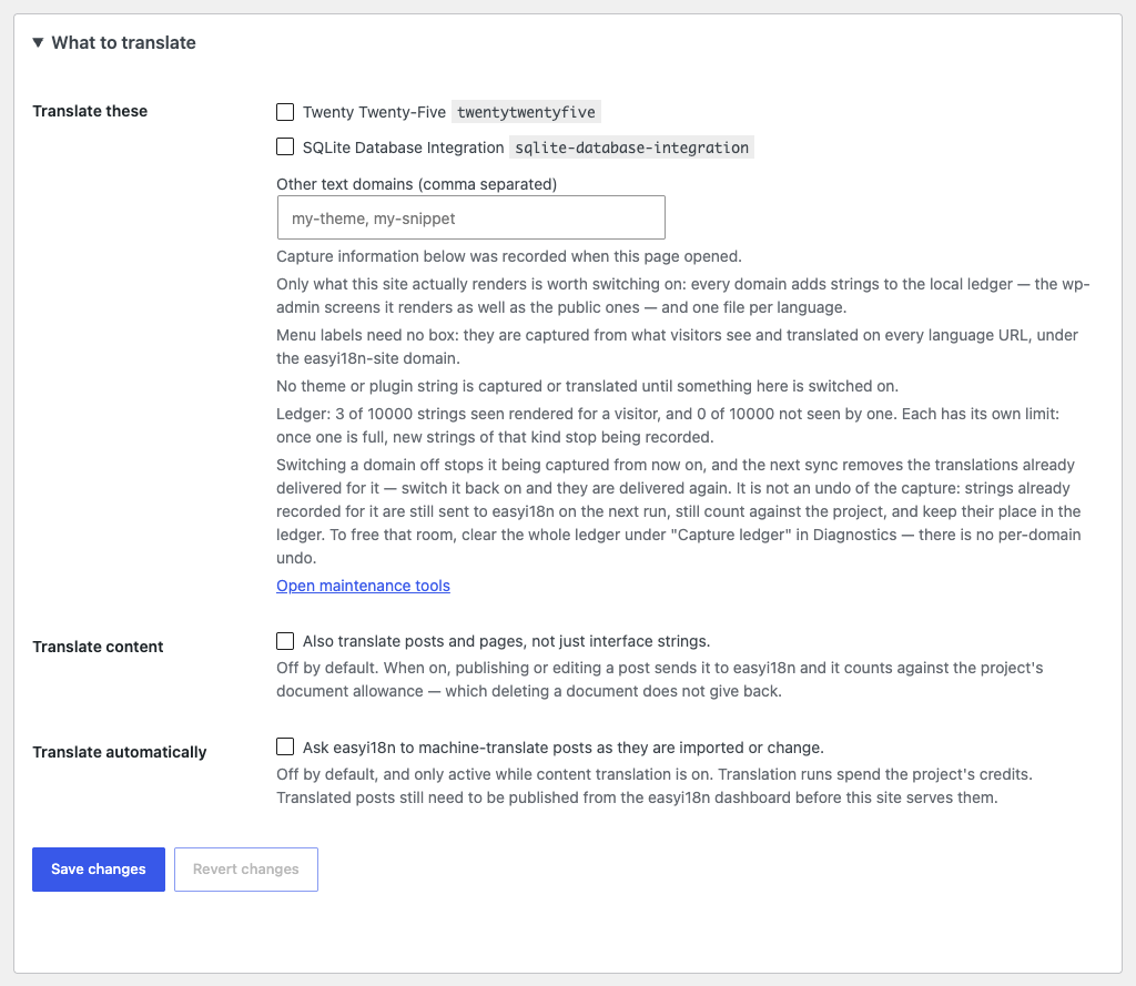The What to translate group with the text domains of the active theme and plugins