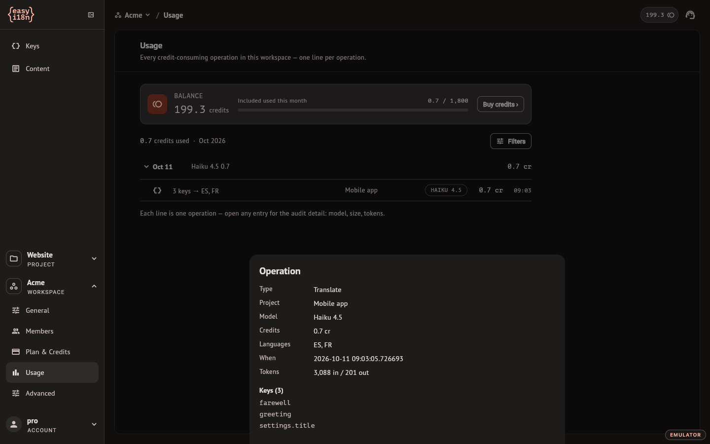 The Usage list with one operation open