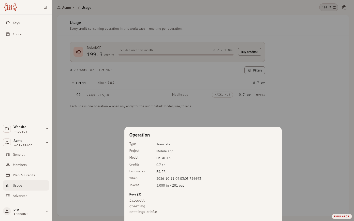 The Usage list with one operation open